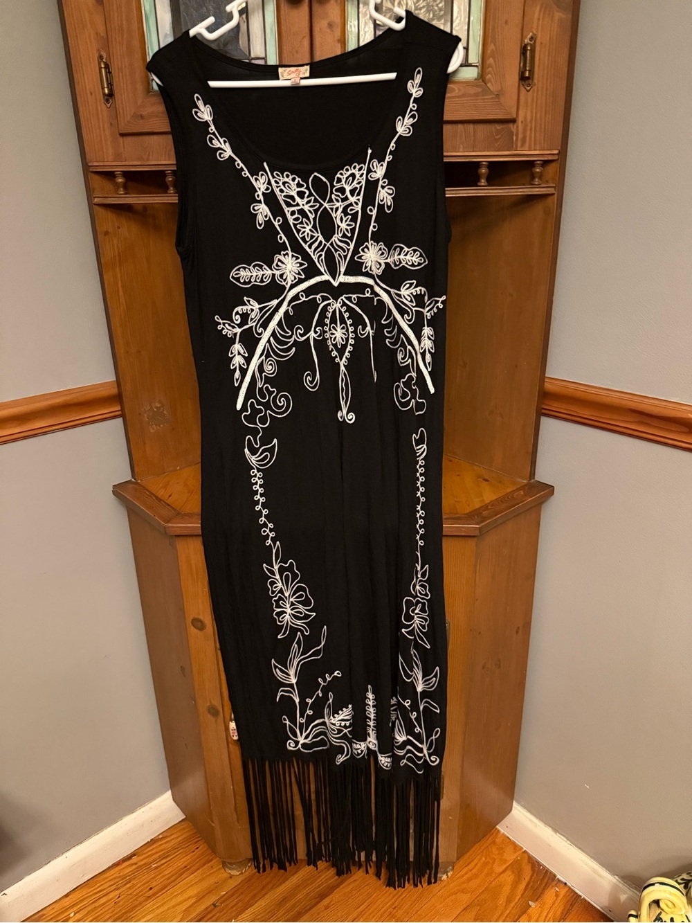 Scully Black western romance Fringe Maxi Dress with White Embroidered Detail L